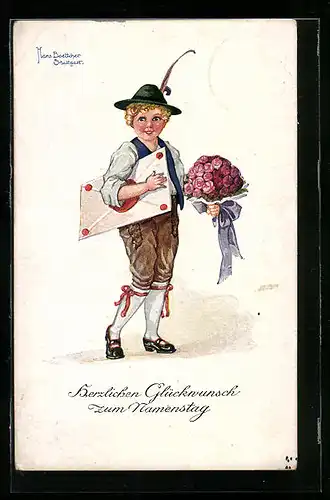 Künstler-AK Hans Boettcher: Junge mit Blumenstrauss und Brief zum Namenstag