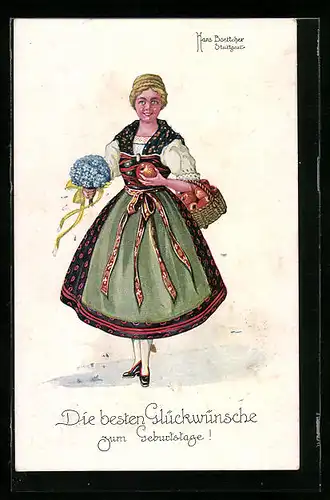 Künstler-AK Hans Boettcher: Mädchen in Tracht mit Blumen und einem Korb voller Äpfel