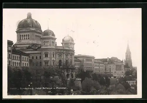 AK Bern, Bundeshaus, Hotel Bellevue und Münster