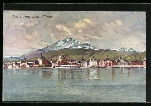 Künstler-AK Luzern, Ortsansicht mit dem Pilatus