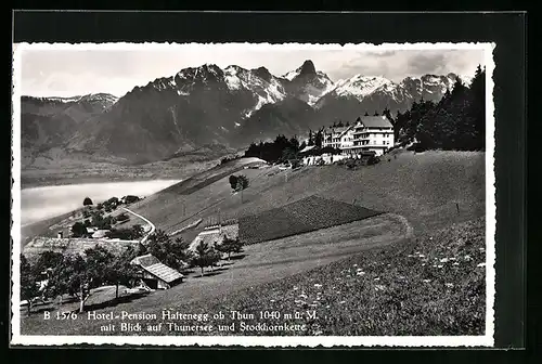 AK Thun, Hotel-Pension Haltenegg mit Blick auf Thunersee und Stockhornkette