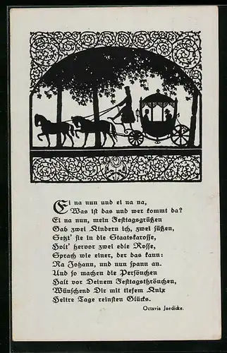 AK Pferdekutsche mit Spruch von Octavia Jaedicke, Scherenschnitt