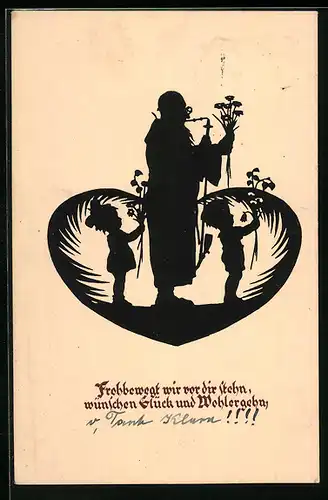 AK Grossvater und zwei Enkel mit Blumen wünschen Glück und Wohlergehen, Scherenschnitt