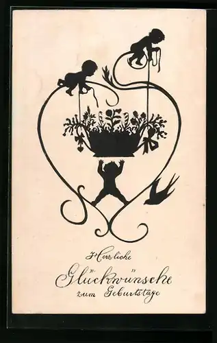 AK Drei Kleinkinder wünschen Glückwünsche zum Geburtstag, Scherenschnitt