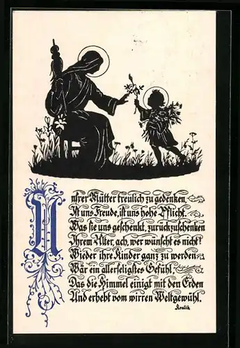 AK Kind übergibt der Mutter einen Blumengruss, Spruch von Kralik, Scherenschnitt