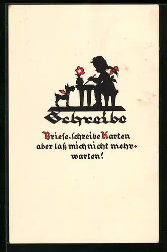 AK Kleines Mädchen schreibt eine Karte, Scherenschnitt