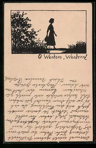 AK Junge Frau beim Wandern, Scherenschnitt