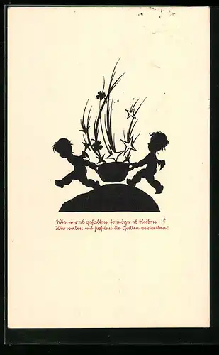 AK Zwei Engel mit Blumenschale, Scherenschnitt