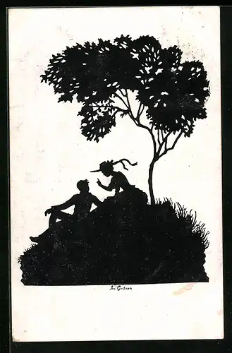 AK Ein Liebespaar unterm Baum, Scherenschnitt