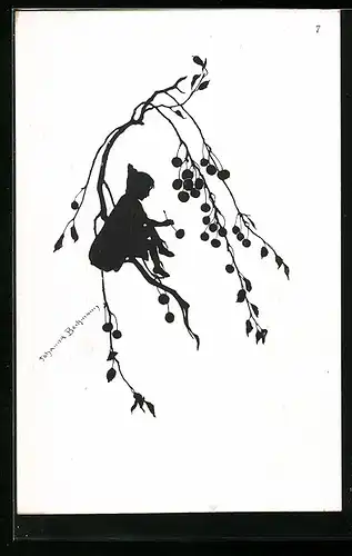 AK Kind auf einem Baum pflückt Früchte, Scherenschnitt