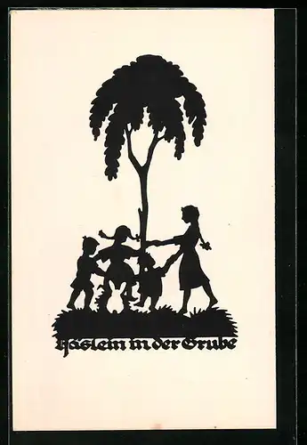 AK Kinder tanzen um einen Baum Häslein in der Grube, Scherenschnitt