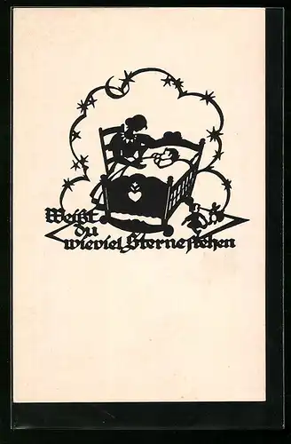 AK Weisst du wieviel Sterne stehen...-Mutter beim Kind in der Wiege, Scherenschnitt