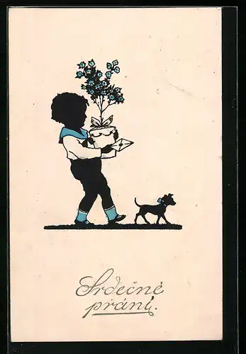 AK Junge mit Hund überbringen Glückwünsche mit Brief und Blumentopf, Scherenschnitt