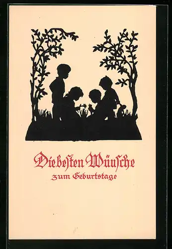 AK Kinder auf der Wiese pflücken Blumen, Scherenschnitt