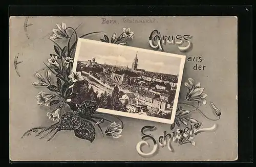 AK Bern, Totalansicht mit Blumen umrahmt