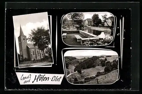 AK Höfen / Eifel, Kirche, Teich, Landschaftsbild