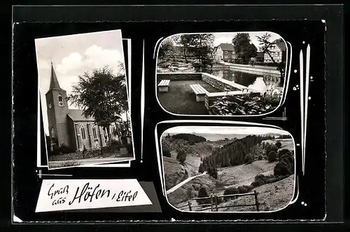 AK Höfen / Eifel, Kirche, Landschaftsbild, Teich