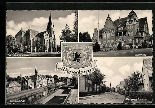 AK Papenburg / Ems, St. Antoniuskirche, Rathaus, Richardstrasse, Wappen