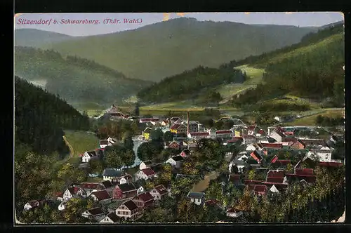 AK Sitzendorf b. Schwarzburg (Thür. Wald), Ortsansicht von einem Berg aus gesehen