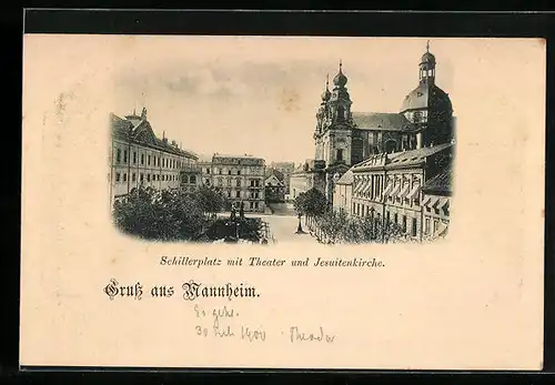 AK Mannheim, Schillerplatz mit Theater und Jesuitenkirche