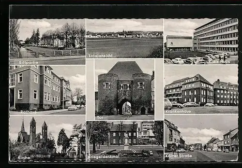 AK Bergheim /Erft, Totalansicht, Erftpartie, Rathaus, Kirche, Tor, Kriegerdenkmal, Kreishaus, Krankenhaus, Kölner Strasse
