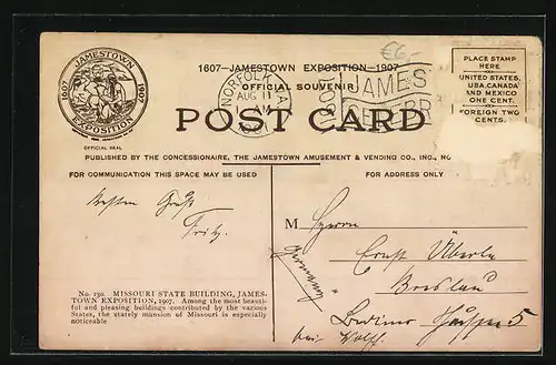 AK Jamestown, Exposition 1907, Missouri State Building