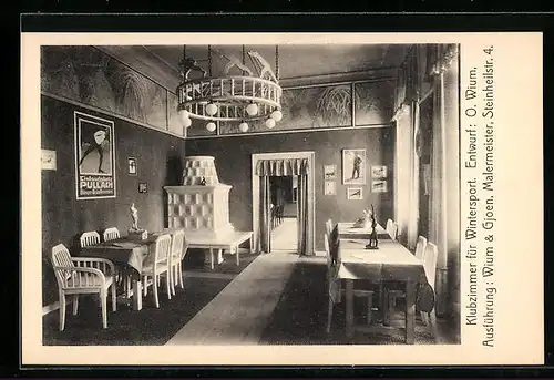 AK München, Ausstellung bemalter Wohnräume 1910-Klubzimmer für Wintersport