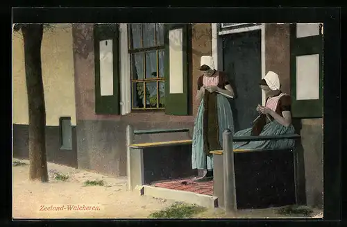 AK Zeeland-Walcheren, Mädchen in niederländischer Tracht beim Stricken