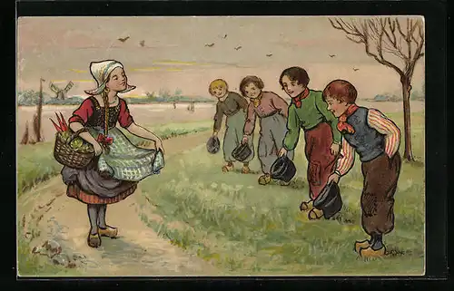 AK Jungen ziehen den Hut vor dem Mädchen in niederländischer Tracht