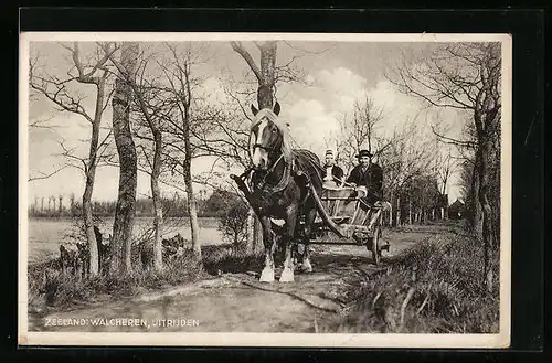 AK Zeeland-Walcheren, Uitrijden, niederländisches Paar auf einem Pferdewagen