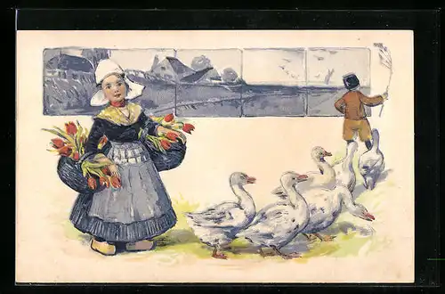 Präge-AK Mädchen in niederländischer Tracht mit Körben voller Tulpen