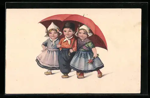 AK Niederländische Kinder unter dem Schirm