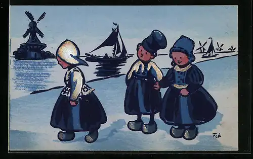 Künstler-AK Niederländische Kinder am Wasser mit Blick zur Windmühle