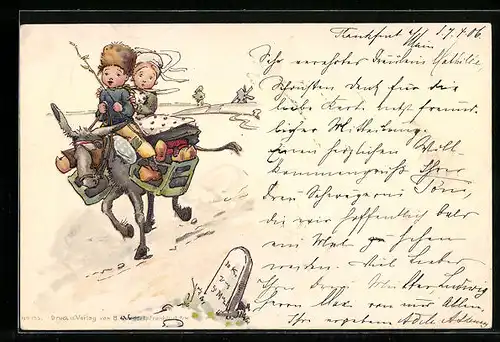 AK Niederländische Kinder auf einem Esel