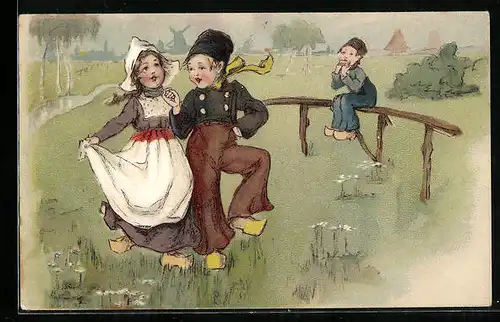 Künstler-AK niederländische Kinder tanzen auf einer Wiese