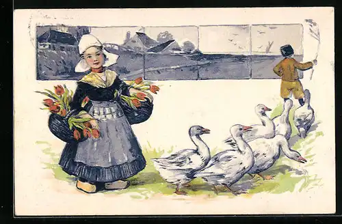 Präge-AK Mädchen in niederländischer Tracht mit zwei Körben voller Tulpen hinter Gänsen