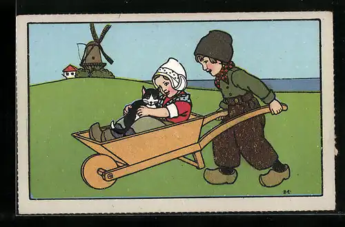 Künstler-AK niederländische Kinder beim Spiel-Junge schiebt die Karre mit Mädchen