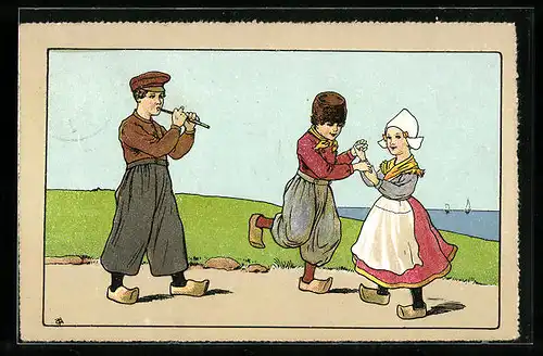 Künstler-AK Junge spielt Flöte zu einem tanzenden niederländischen Paar