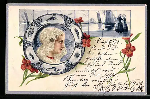 Präge-AK niederländischer Mädchenkopf in einem Teller mit Fliesenwand