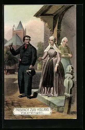 AK Provincie Zuid-Holland, Vlaardingen, Mann und zwei niederländische Frauen