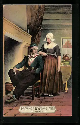 AK Provincie Noord-Holland, Vollendam, niederländisches Paar am Kamin