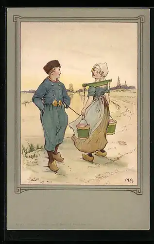 Künstler-AK Niederländische Frau als Wasserträger spricht mit Mann