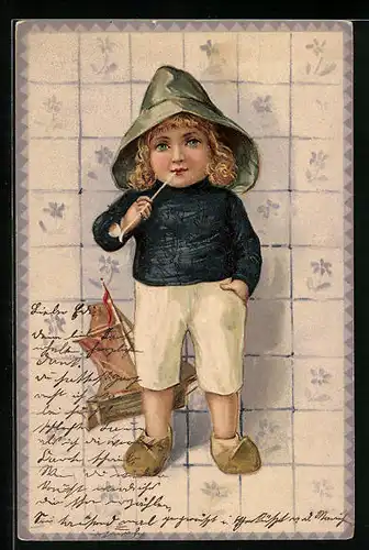 Präge-AK Niederländisches Kind mit Pfeife