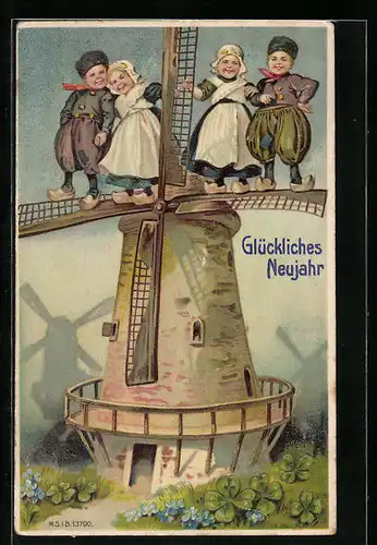 Präge-AK niederländische Kinder auf einer Windmühle