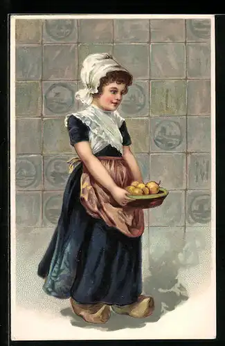 Präge-AK niederländisches Mädchen mit einer Schale Obst