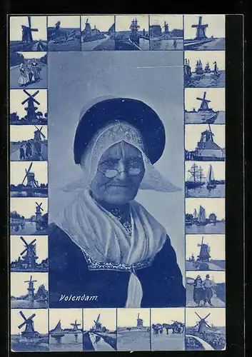 AK Volendam, Alte Frau in niederländischer Tracht umrahmt mit Bildern von Windmühlen