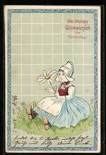 Präge-AK niederländisches Mädchen mit einer Margerite