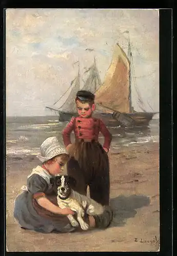Künstler-AK niederländische Kinder mit Hund am Strand