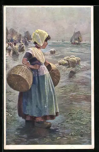 AK Kleines niederländisches Mädchen mit Körben am Meer