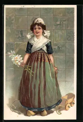 Präge-AK Niederländisches Mädchen in Tracht mit Blumen